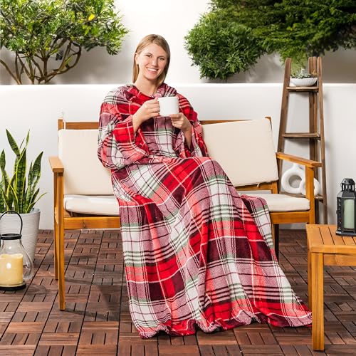 PAVILIA Blanket with Sleeves for Adult Women Men, Soft Warm Wearable Blanket Fleece Wrap Throw, Robe Blanket Gift - color: Christmas Plaid