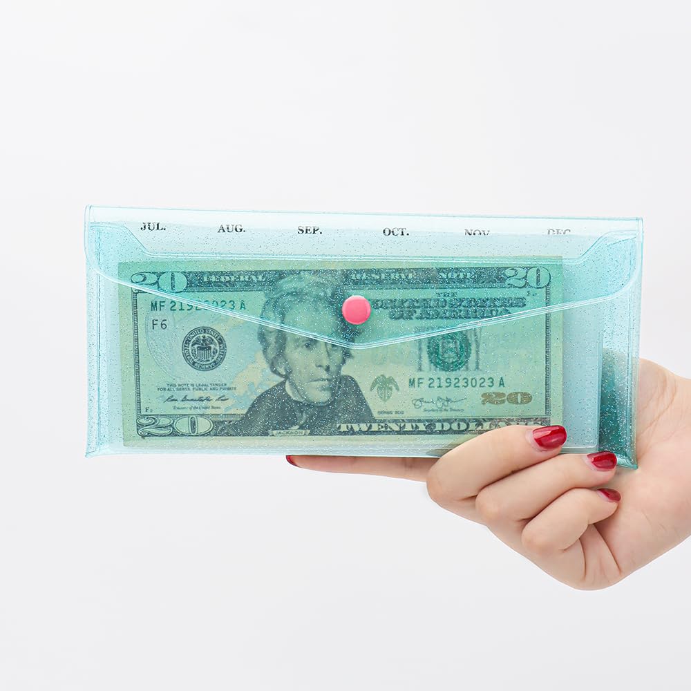 Cash Envelope Wallet with 6pcs Divider with Pockets and 2pcs Tab Stickers Set Reusable Budget Envelopes Blue Glitter PVC Money Bag Pouch Organizer for Budgeting Bill Receipt Coupons - color: Blue
