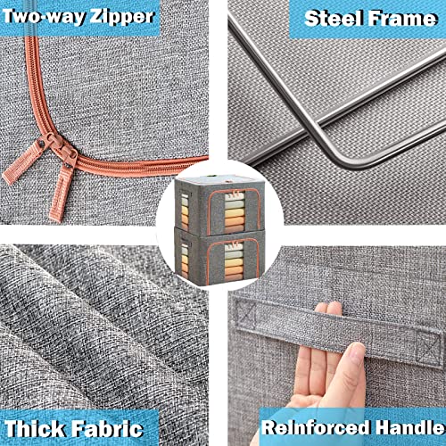 100L Large Storage Bags,Stackable Clothes Storage Bins with Hold Shape Metal Frame,Foldable Closet Organizer Containers with Zipper,Clear Window,Thick Fabric for Seasonal Clothing (Gray, 4 Pack)