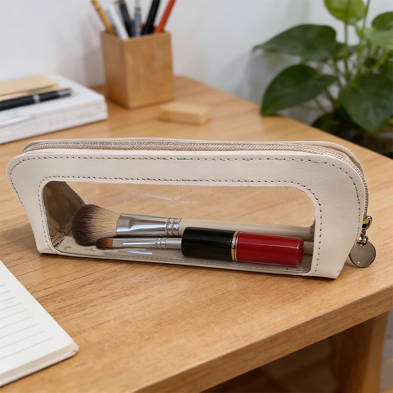 2 PCS Clear Makeup Brush Bag, Double Sided Travel Organizer,Slim Leather Pouch with Zipper, Waterproof Transparent Cosmetic Case for Women (White, Black)