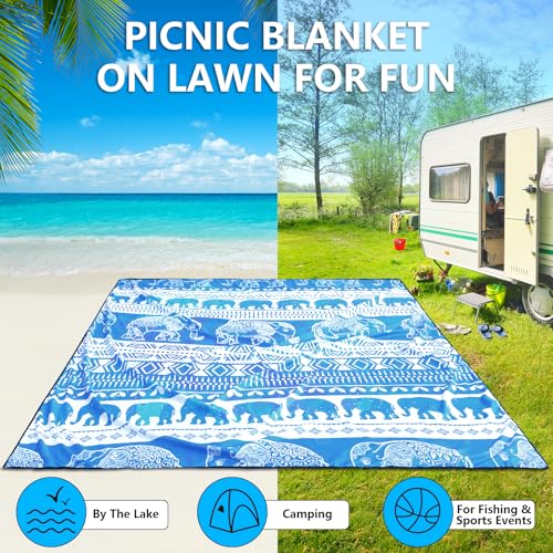 HIHOHO Beach Blanket Waterproof Sandproof Quick Drying Mat for 1-8 Adults - color: Elephant-gc Bl, size: 6'11" x 6'7"
