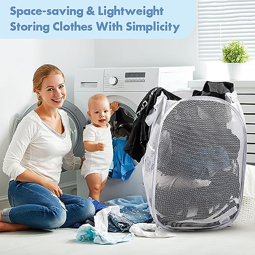Pop Up Laundry Hamper, 70 L Collapsible Mesh Basket with Side Pocket, White - color: 1 PCS White