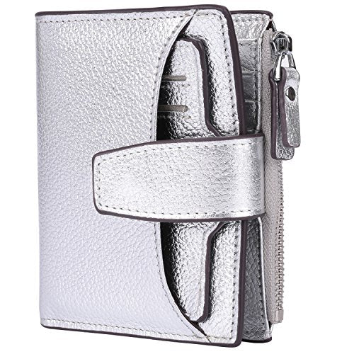 Women's RFID Blocking Leather Small Compact Bi-fold Zipper Pocket Wallet Card Case Purse with id Window - color: Lichee Silver