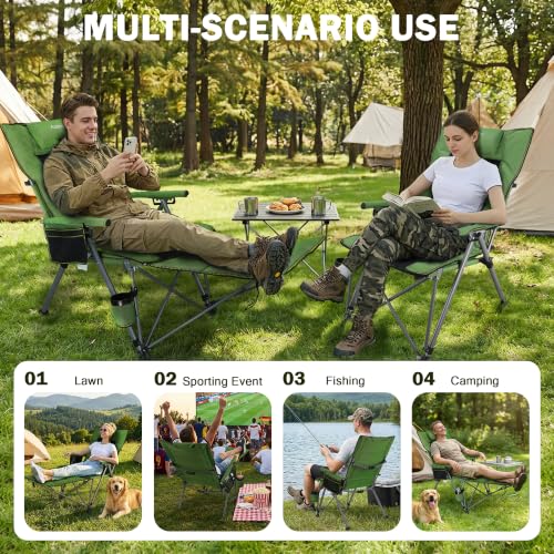 Folding Reclining Camp Chair with Footstool for Camp, Picnic, Lawn, Fishing - color: Green