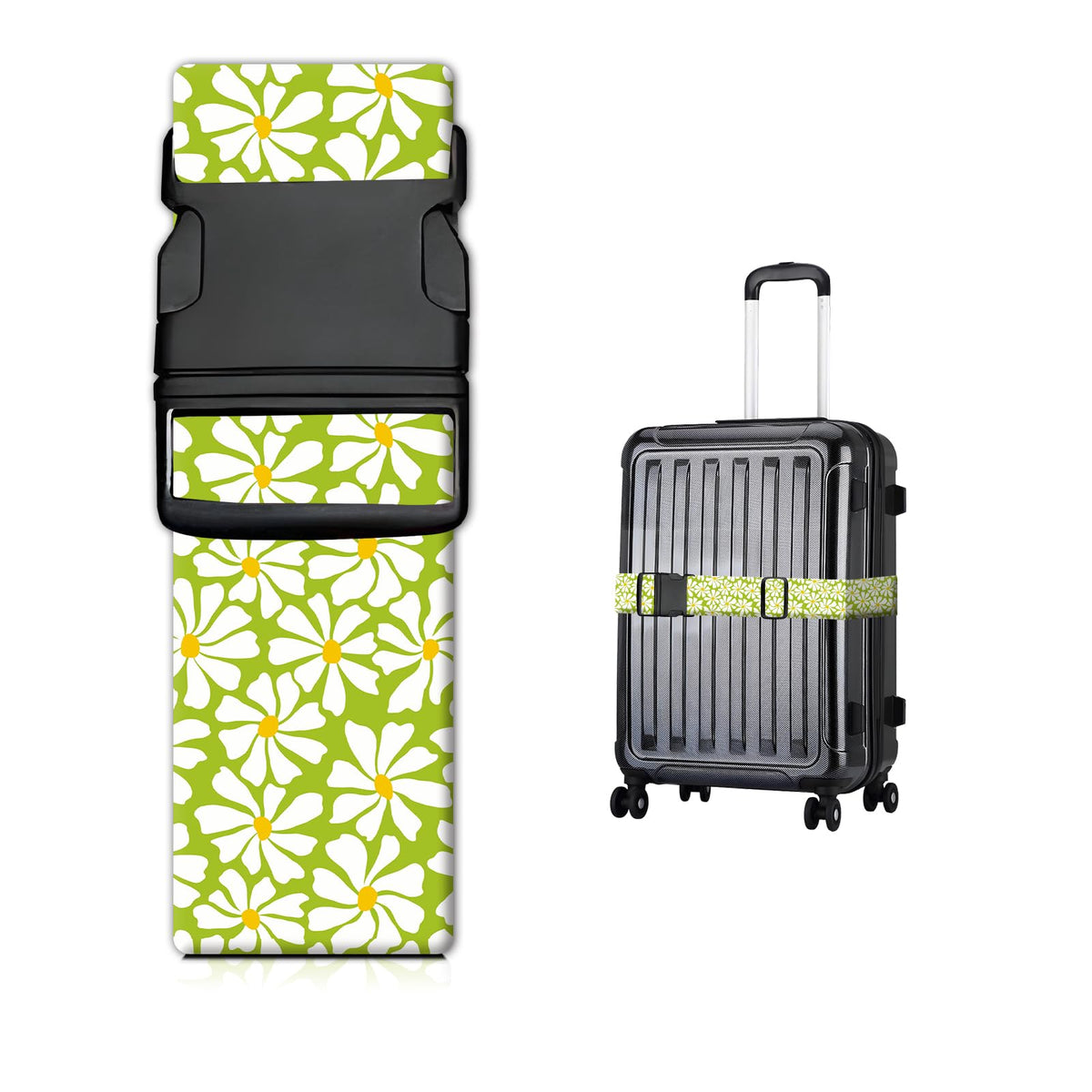 Luggage Strap for Suitcases Adjustable Travel Belt with Quick Release Buckle, Cute Travel Accessories for Suitcase Strap Green Daisy - color: Green Daisy