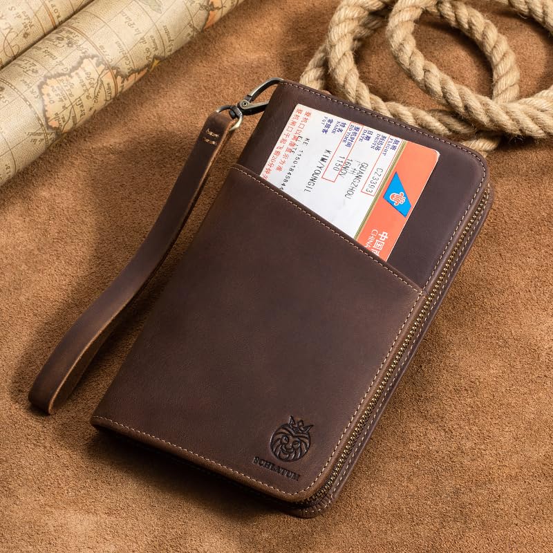 Passport Holder for Travel Family with Strap Genuine Leather RFID Blocking Travel Document Organizer Wallet with Pen Holder, Brown - color: Brown