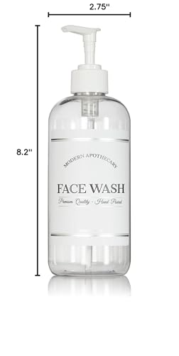 Refillable Clear PET Plastic 16 oz Face Wash Bottle with White Plastic Pump Dispenser - Chrome Accent Waterproof Labeled Bottle - color: White Pump
