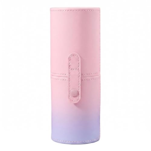 QUUPY Pink PU Leather Makeup Brush Holder Organizer with Lid Portable Makeup Tools Large Capacity Case Organizer Cylinder Storage Box Bag(without brush) - color: Pink