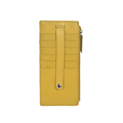 Leatherboss Genuine Leather Women's All in One Credit Business Card Case Holder Slim Zipper Wallet With a Card Protection Strap, Mustard - color: Mustard