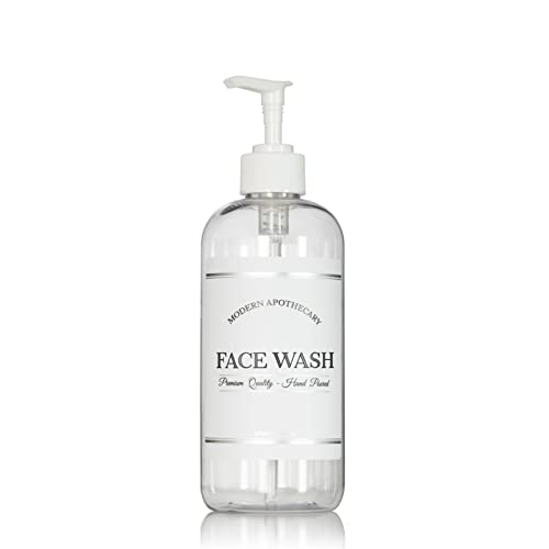Refillable Clear PET Plastic 16 oz Face Wash Bottle with White Plastic Pump Dispenser - Chrome Accent Waterproof Labeled Bottle - color: White Pump