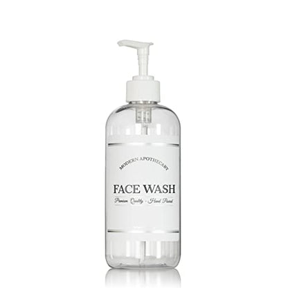 Refillable Clear PET Plastic 16 oz Face Wash Bottle with White Plastic Pump Dispenser - Chrome Accent Waterproof Labeled Bottle - color: White Pump
