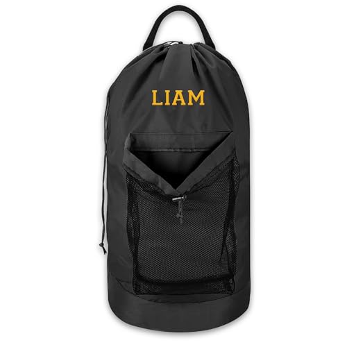 Personalized Laundry Bag Heavy Duty Custom Graduation University XL Bag Backpack with Hanging Shoulder Strap & Mesh Pocket - Back to School College Graduation Gift - Choose Your Font & Thread Color - color: Black