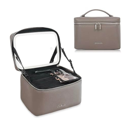 Travel/Daily Makeup Bag/Cosmetic Case with Detachable LED Mirror - color: Taupe