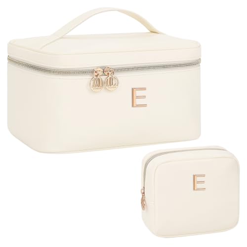 Custom Cosmetic Bag for Women Vacation Weekend Trips & Everyday Use Beige E | Initial Large Travel Cosmetic Case for Women with Metal Letter Design, Spacious Toiletry Organizer with Divider & Handle - size: E