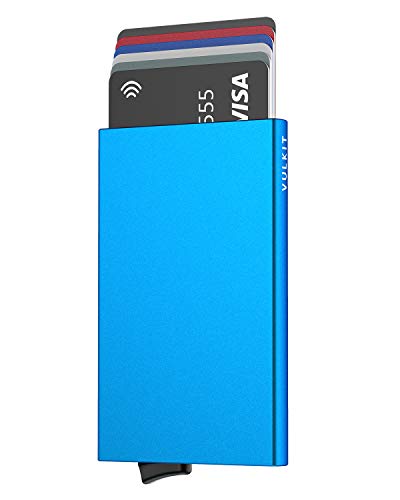 VULKIT Pop Up Wallet, Slim Minimalist Credit Card Holder For Men and Women RFID Blocking Mini Metal Case Blue - color: blue