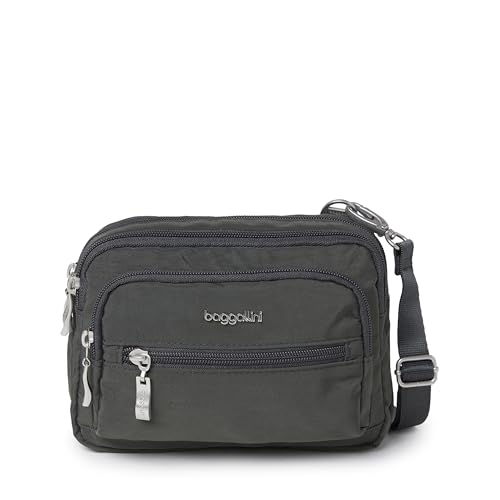 Baggallini Triple Zip Small Crossbody Bag for Women - Lightweight Convertible Fanny Pack Belt Bag - color: Charcoal, style: Slim Strap