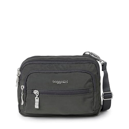 Baggallini Triple Zip Small Crossbody Bag for Women - Lightweight Convertible Fanny Pack Belt Bag - color: Charcoal, style: Slim Strap