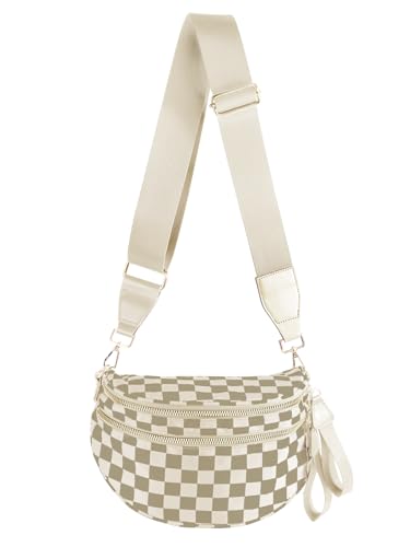 Checkered Crossbody Bag Bum Bag for Women,Spacious Fanny Packs Belt Bag - color: Khaki Beige Checkered