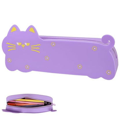 Cat Shaped Silicone Pencil Case - Aesthetic Purple Pen Holder for Artists & Office, Resilient Water-Repellent Travel Organizer, Cute Soft Pouch with Cleaning Cloth