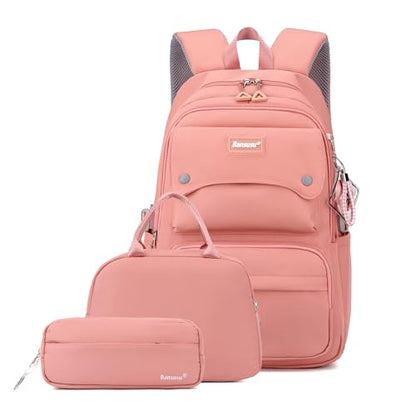 Bansusu 3Pcs Pink Kids Backpack and Lunch Bag Set for Girls, Solid Color School Bag Backpack with Lunchbox, Pink - color: 3pcs-pink