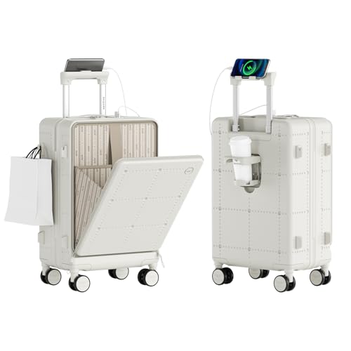 Santino Carry On Luggage 22x14x9 Airline Approved 20 Inch baggage pc Hard Shell Suitcase with Spinner Wheels TSA Lock with USB Port and Cup Holder and phone holder Top Opening Suitcase - color: beige