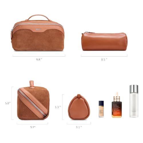 BOYATU Genuine Leather Travel Makeup Bag: Hand-made 3 Pcs Set Cosmetic Bags - color: 06Caramel