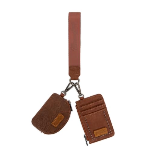 Wrangler Keychain Wristlet Wallets for Women Western Dual Pouch Wristlet Credit Card Holder Wallet - color: Tooling and stud Brown