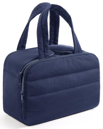 LIGHT FLIGHT Travel Toiletry Bag, Quilted Travel Makeup Cosmetic Bag Organizer, Toiletry Bags for Traveling Women, Make up Bag with Handle, Navy Blue - color: Navy Blue