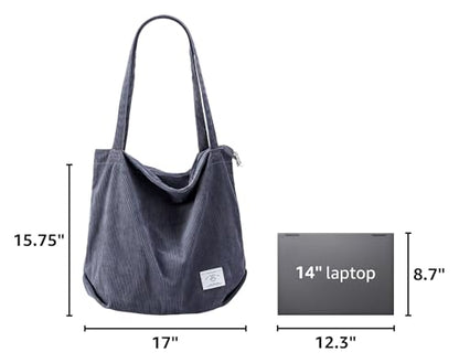 KALIDI Women Corduroy Tote Bag Zipper Casual Tote's Handbag Big Capacity Shoulder Bag with Pockets - color: Grey