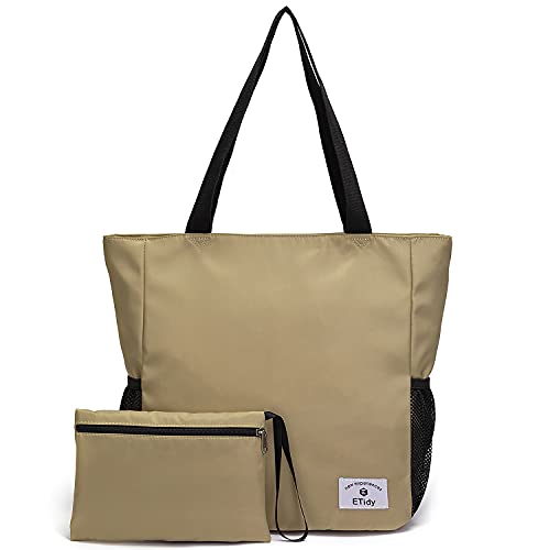 ETidy Large Capacity Foldable Tote Bag With Zipper - color: Beige