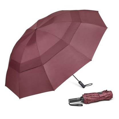 Prospo 46/62 Inch Large Travel Umbrellas for Rain Windproof, 10 Ribs Compact Reverse Folding Golf Umbrella, Double Canopy Automatic Open Close - color: Wine red, size: 62 inch