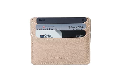 grande 3633 - Slim Genuine Leather Card Holder for Men & Women – Minimalist Front Pocket Wallet with 6 Card Slots, Compact Leather Credit Card Case (Light Pink) - color: Light Pink