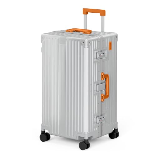ALPHA CAMP Trunk Luggage 26 Inch with Aluminum Frame Zipperless Suitcase - color: Silver Orange, size: 26 Inch