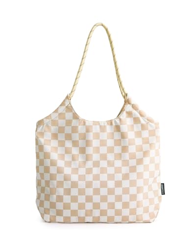 BAGSMART Tote Bag for Women, Travel Tote Beach Bag with Zipper for Gym - color: Khaki Checkerboard Pattern