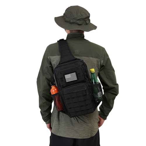 Rover Sling Pack Tactical Shoulder Sling Bag Backpack with Bottle Holder Crossbody Chest Bag, Black with Grey Patch - color: Black With Grey Patch
