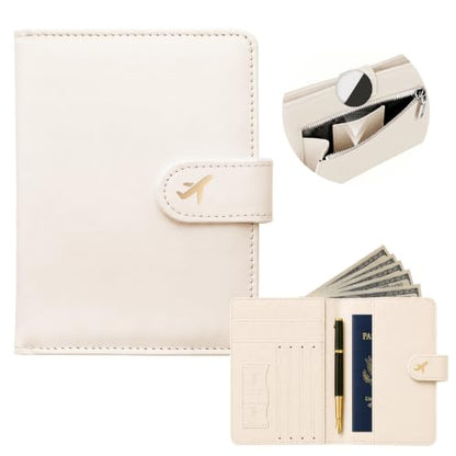 RFID Passport Holder with Tracker Slot, Leather Travel Wallet - color: Beige