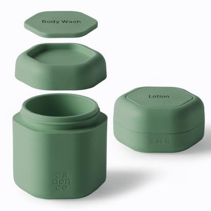 Cadence Travel Containers - 2pk (1 Small, 0.56oz + 1 Medium, 1.32oz), Eucalyptus - TSA Approved, Leak Proof, Magnetic Basic Body Care Capsules - Carry On Travel Essentials - Body Wash & Lotion Labels - color: Eucalyptus, size: Bodycare (Set of 2)