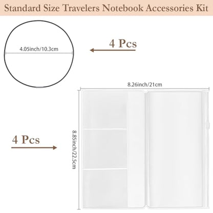 CRASPIRE 8Pcs Travelers Notebook Zipper Refill Pocket File Folder with 4Pcs Nylon Travel Journal Elastics 4Pcs Standard Size PVC Clear Pockets Rectangle Organizers for Card Passport Document Storage - style: 4 Sets Clear Standard Size: Pocket+Rope