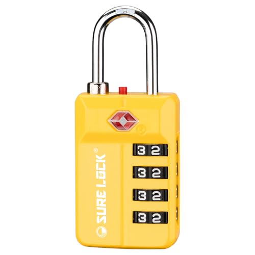 SURE LOCK TSA Approved 4-Digit Resettable Combination Luggage Lock with Open Alert, Easy-Read Dials - for Luggage, School Lockers, Gym, Office, Toolbox & Security Cases(Yellow 1PACK) - color: Yellow