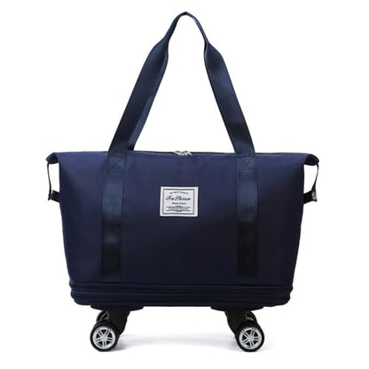 Travel Tote Bag with Trolley Sleeve Expandable Extra Duffel Bag with Wheels Lightweight Traveling Foldable Suitcase - color: Dark Blue