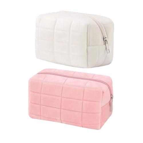2PCS Makeup Cosmetic Bag Small Checkered Pouch Make Up Purse Bag Y2k Accessories - color: Pink White