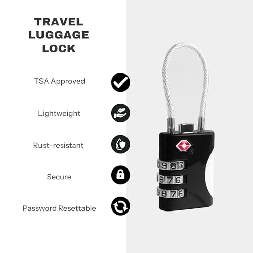 TSA Locks for Luggage, Small Combination Lock with Cable, Luggage Locks TSA Approved, Combo Lock for Suitcase, Cabinet, Gym Locker, Backpack, Small Padlock for Travel Essentials (Black) - color: Black