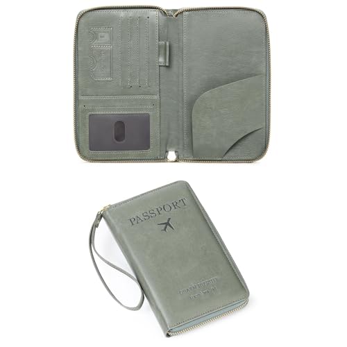 Leather RFID Blocking Passport Holder Travel Wallet, Passport Cover/Travel Wallet for Women/Men with - color: Grass Green