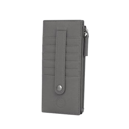 Leatherboss Genuine Leather Women's All in One Credit Business Card Case Holder Slim Zipper Wallet With a Card Protection Strap, Gray - color: Gray