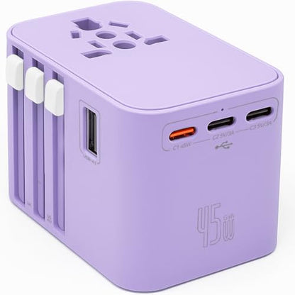 45W Universal Travel Adapter – Compact Plug with 3 USB-C & 2 USB-A Ports for EU/UK/US/AU, International Power Adapter Worldwide Charger, CE/FCC/RoHS Certified (Purple) - color: Purple
