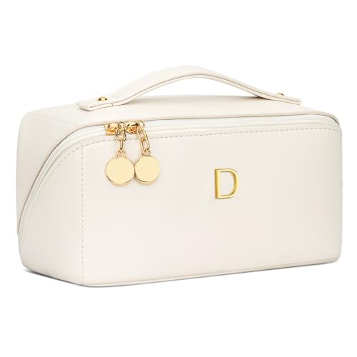 Gifts for Women Bridesmaid Initial Makeup Bag | Personalized PU Leather Cosmetic Waterproof Travel Toiletry Bag (Medium-Beige-D) - color: MediumBeige, style: D