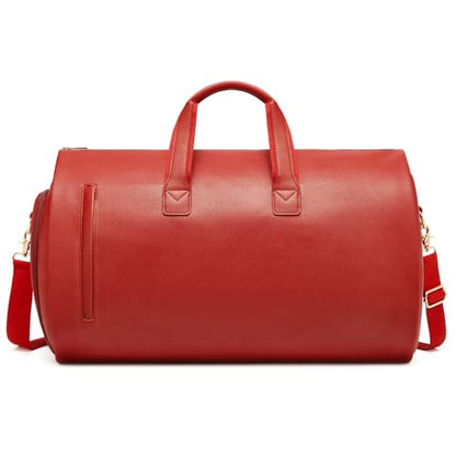 PU Leather Garment Bag, Convertible Garment Duffel Bag for Travel Mens Suit Bag 2 in 4 Waterproof Foldable Carry on Garment Bag with Shoulder Strap Weekender Bag with Shoe Pouch - color: PU-Red