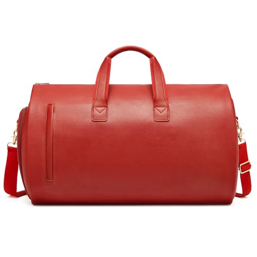 PU Leather Garment Bag, Convertible Garment Duffel Bag for Travel Mens Suit Bag 2 in 4 Waterproof Foldable Carry on Garment Bag with Shoulder Strap Weekender Bag with Shoe Pouch - color: PU-Red
