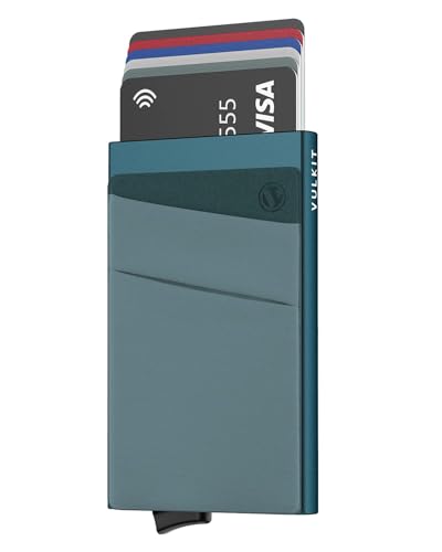 VULKIT Card Holder with Money Pocket Pop Up Wallet RFID Blocking Slim Metal Bank Card Case Holds 5 Cards and Notes - color: Emerald Green