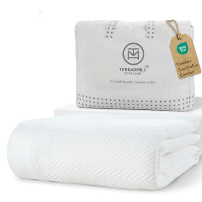 Threadmill Luxury 100% Cotton Queen Herringbone Blanket, Bright White - color: Bright White, size: Queen (90" x 92")